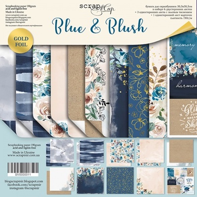 Набір двостороннього паперу з золотим тисненням від Scrapmir - Blue & Blush, 30x30см, 10 шт.
