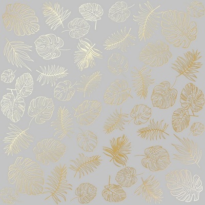 Аркуш одностороннього паперу з фольгуванням Golden Tropical Leaves Gray,ТМ Фабрика Декору