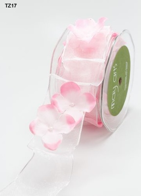 Стрічка з квітами Flowers and Pearl, колір: біло - рожевий, ширина 38,1 мм, 90 см