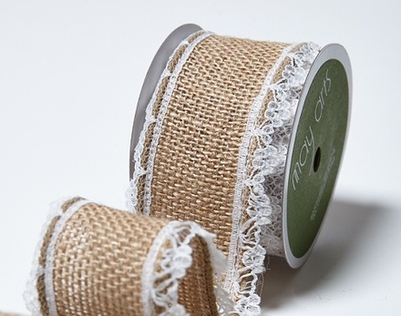 Лента из мешковины с кружевом Wired burlap w/ Lace Edge Natural, ширина 3.8 см, длина 90