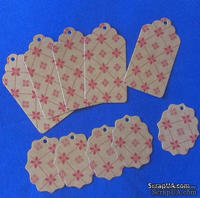 Набор тэгов из крафт-картона с красным принтом "Орнамент", 300 г/м2, 10 штук, 85х45мм и 55х45мм
